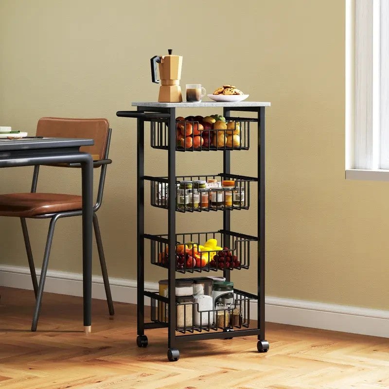 Mobile Kitchen Island Trolley with 4 Mesh Drawers & Marble Top