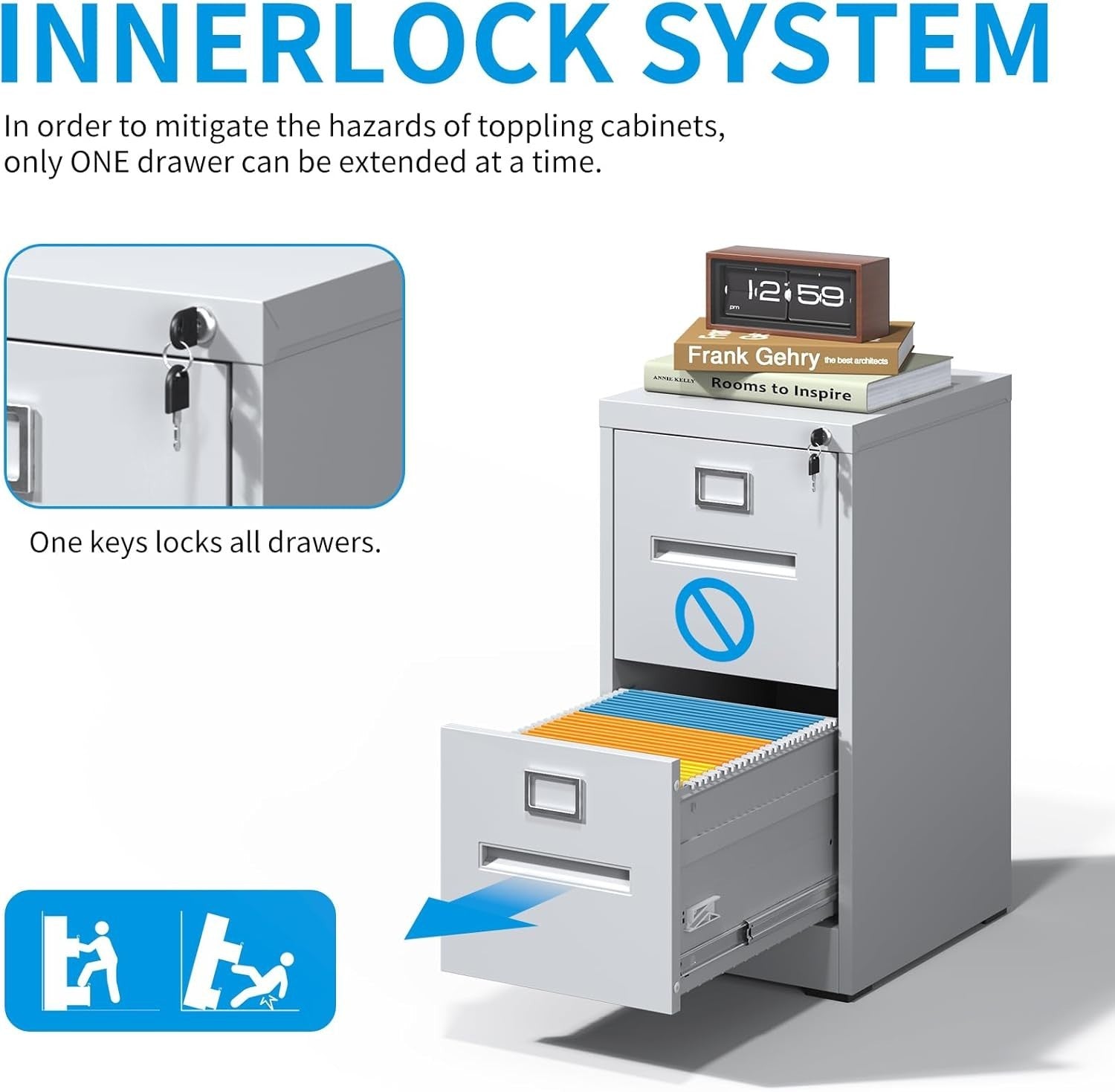 2 Drawer Metal Filing Cabinet Lockable Vertical HomeOffice Storage White