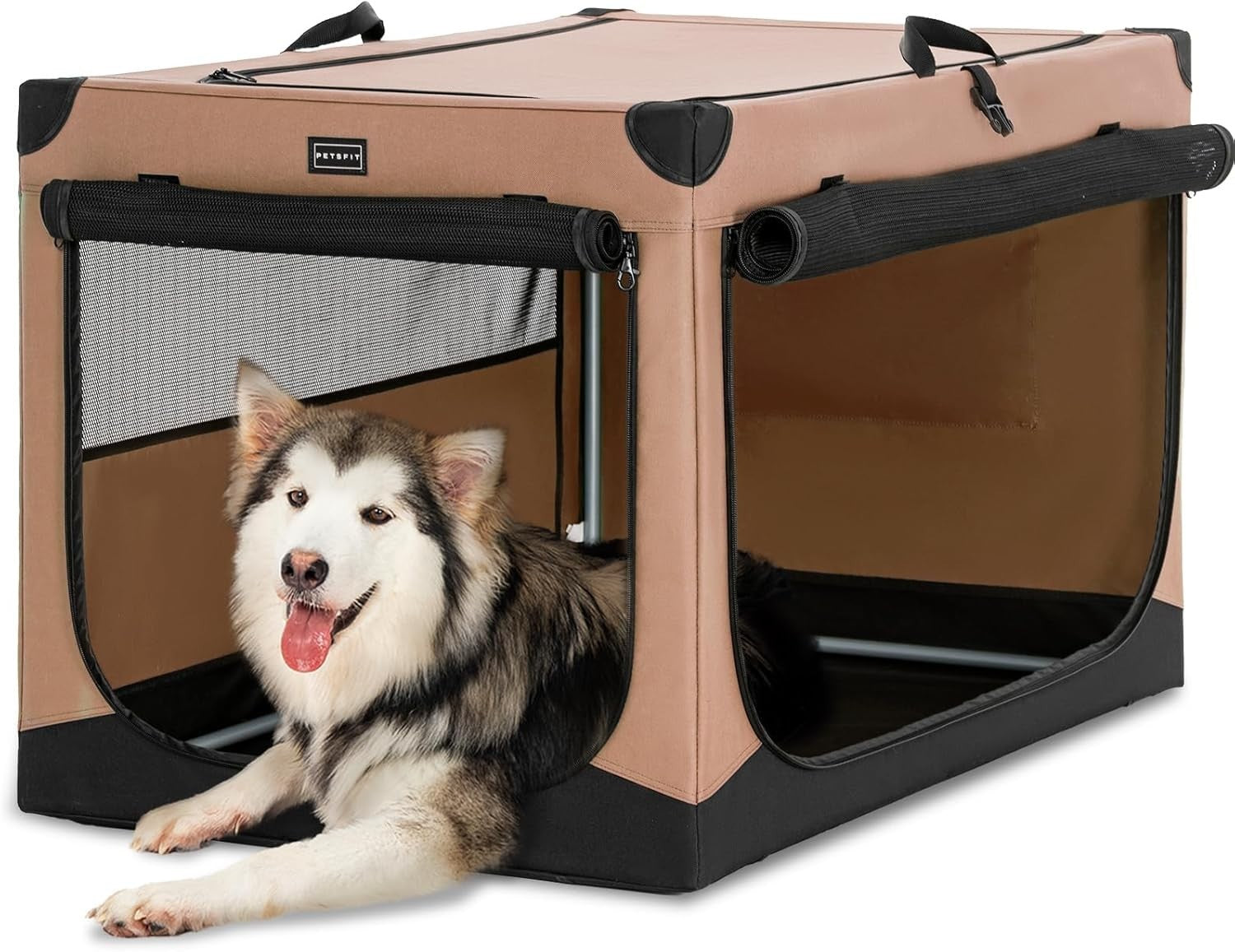 Soft-Sided Dog Crate – Portable Pet Carrier for Travel, Camping & Home (Khaki)