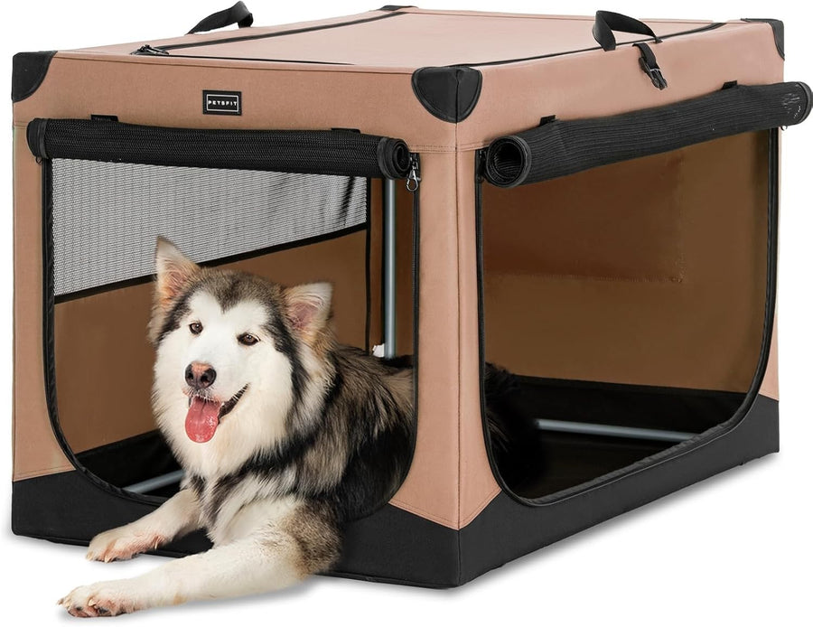 Soft-Sided Dog Crate – Portable Pet Carrier for Travel, Camping & Home (Khaki)