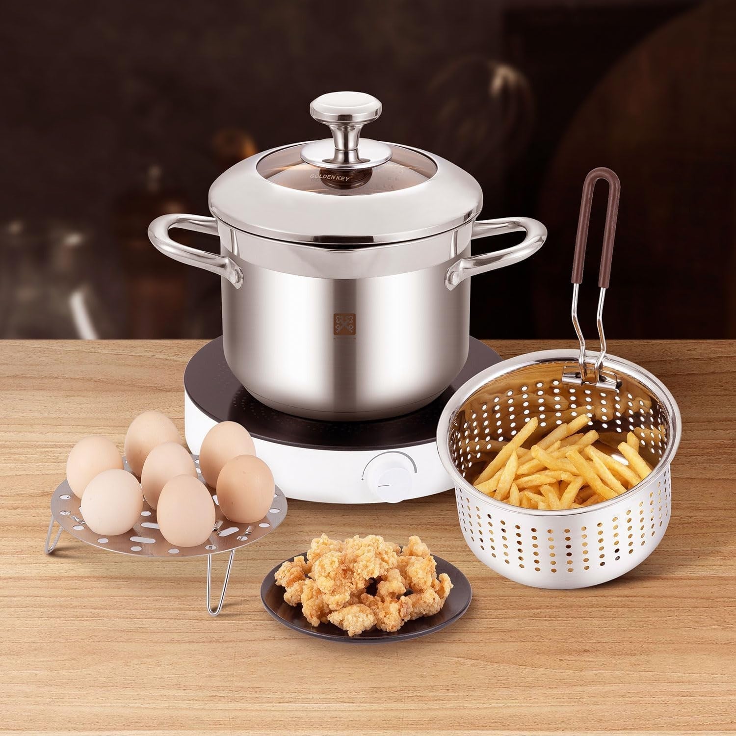 4L Stainless Steel Deep Fryer Pot w Strainer Basket Lid Camping Kitchen