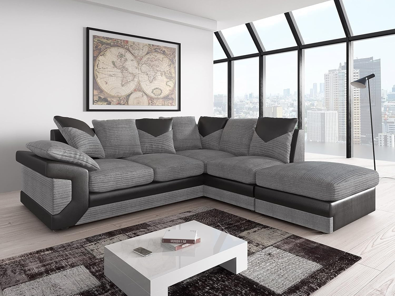4 Seater L-Shaped Corner Sofa with Footstool Black & Grey Leather Jumbo Cord RH