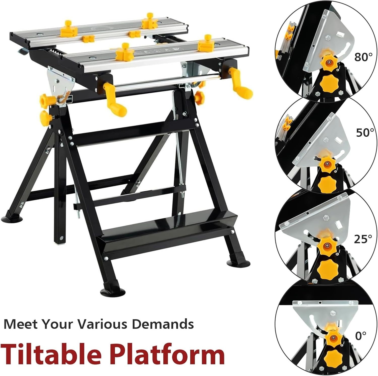 Adjustable Folding Workbench Black 7-Height Tilt Table Sawhorse Clamp Station