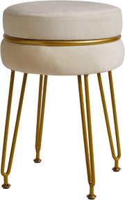 Cream Velvet Round Footstool with Gold Legs – Modern Vanity Stool Seat
