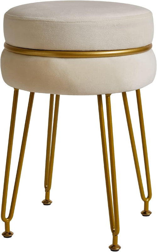 Cream Velvet Round Footstool with Gold Legs – Modern Vanity Stool Seat