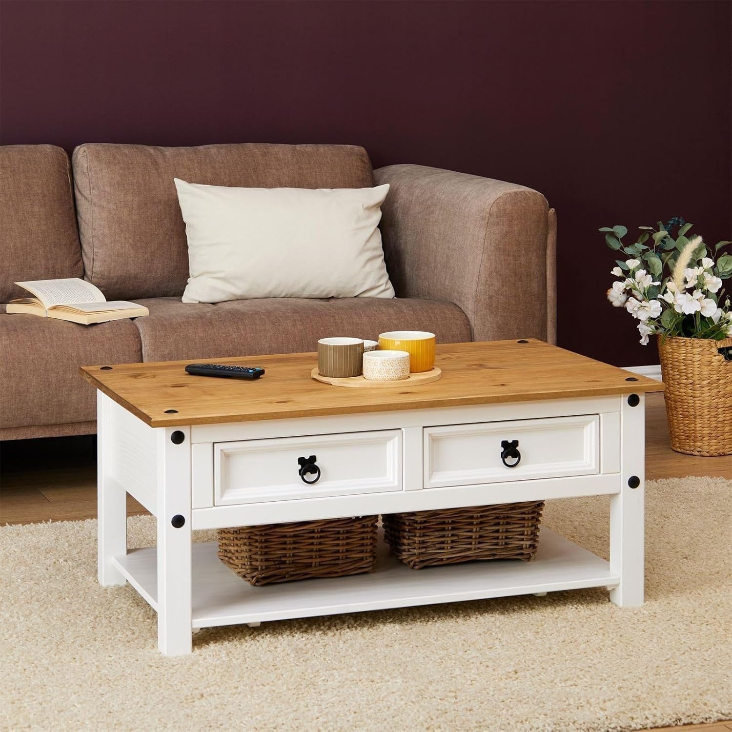 Solid Pine White Coffee Table with 2 Drawers Mexican Style 85x50x45cm