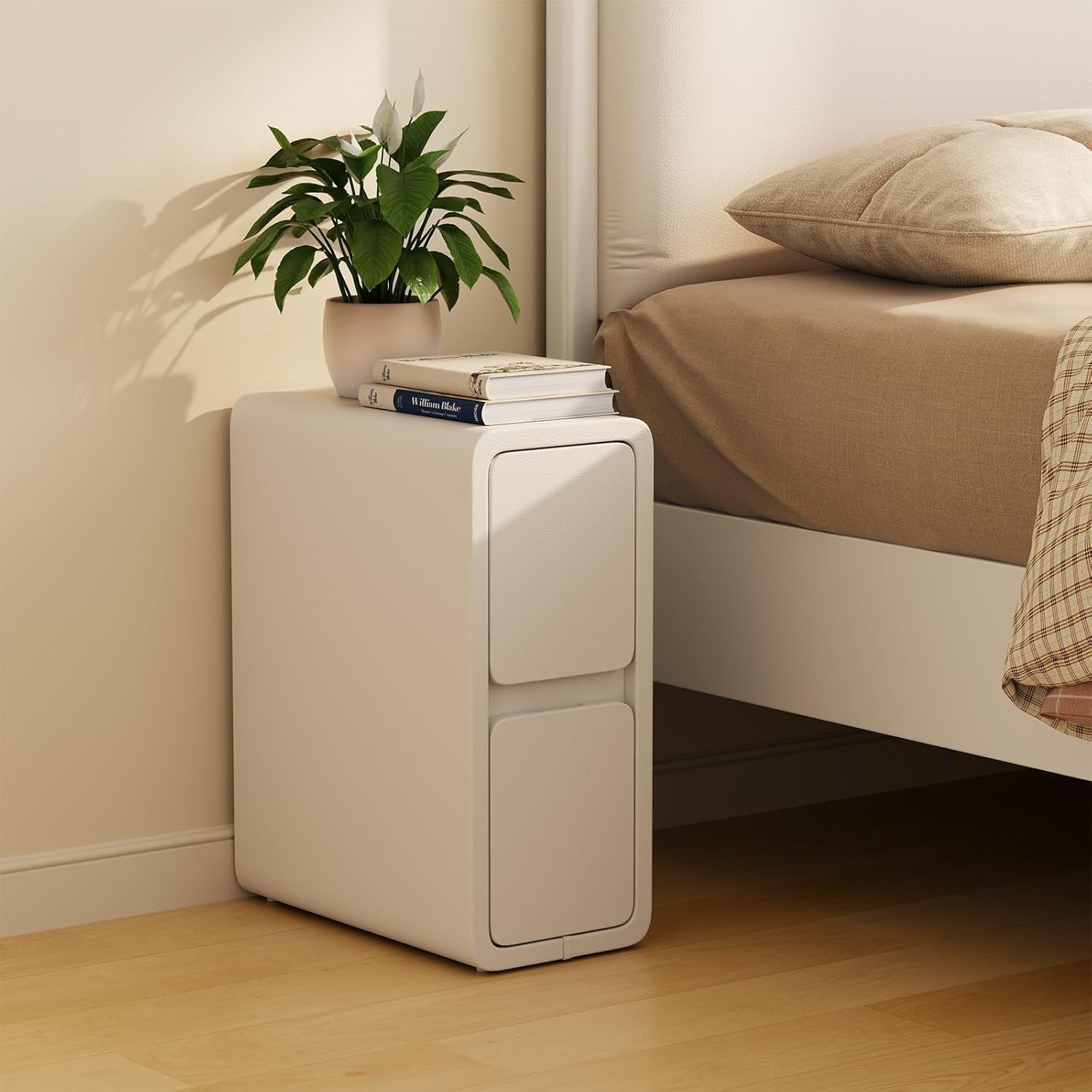 Slim White Bedside Table with 2 Drawers, Narrow Leather-Finish Nightstand