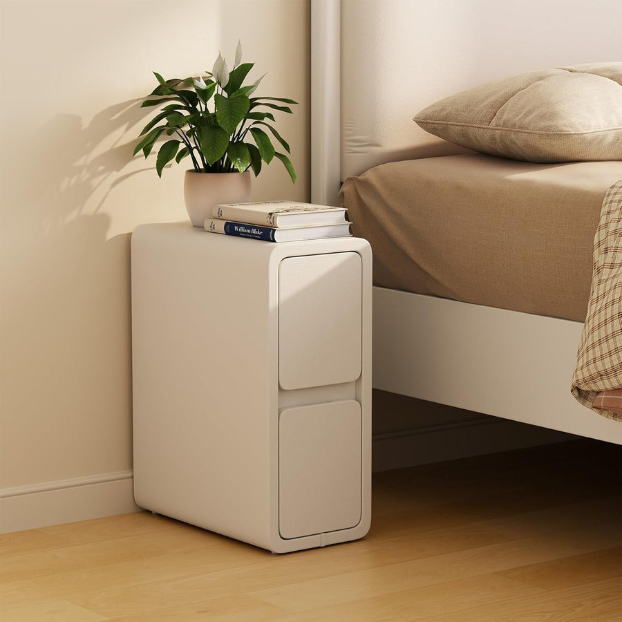 Slim White Bedside Table with 2 Drawers, Narrow Leather-Finish Nightstand