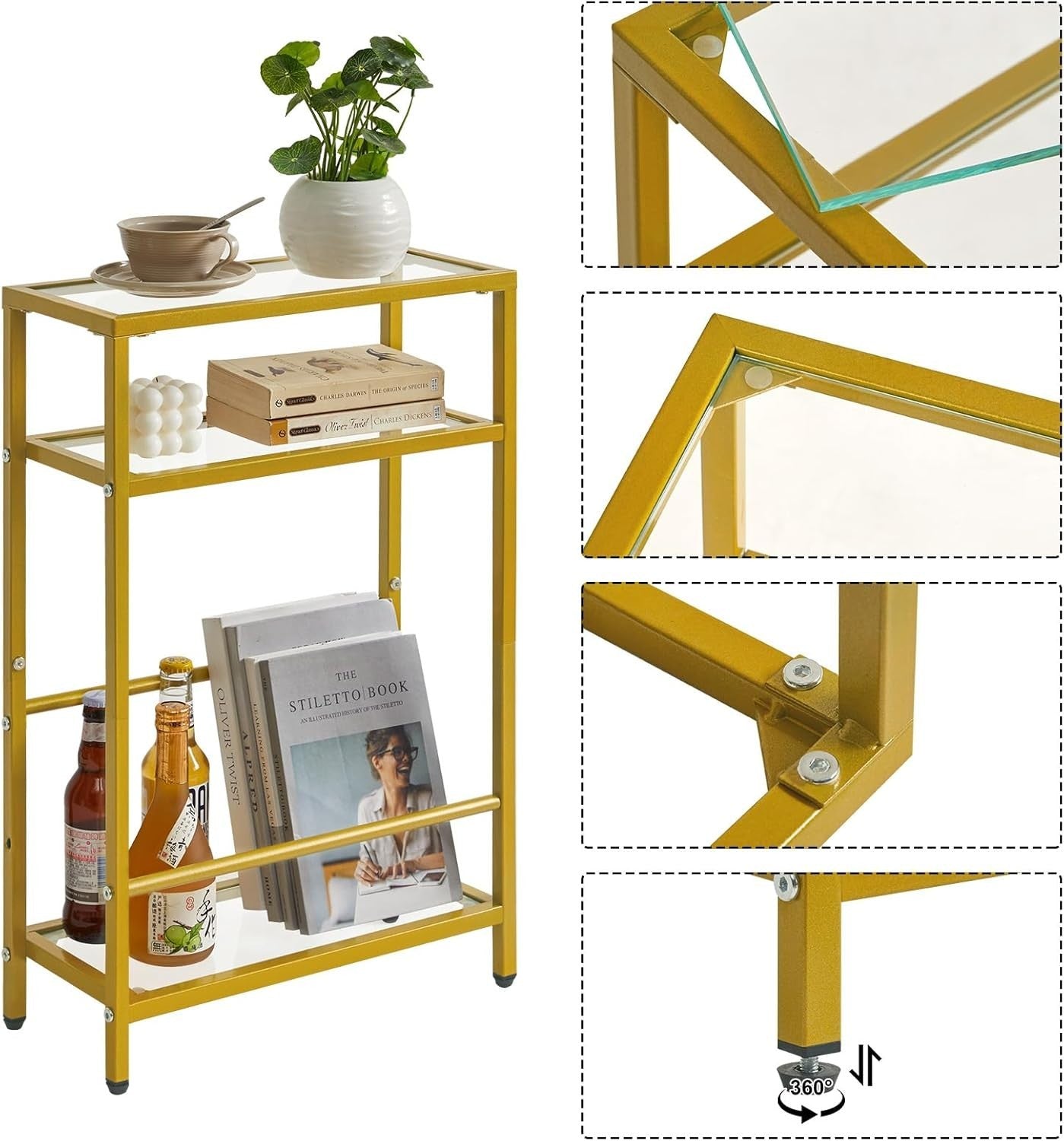 Slim Glass Side Table Gold 3 Tier Narrow End Table with Storage for Sofa Bed
