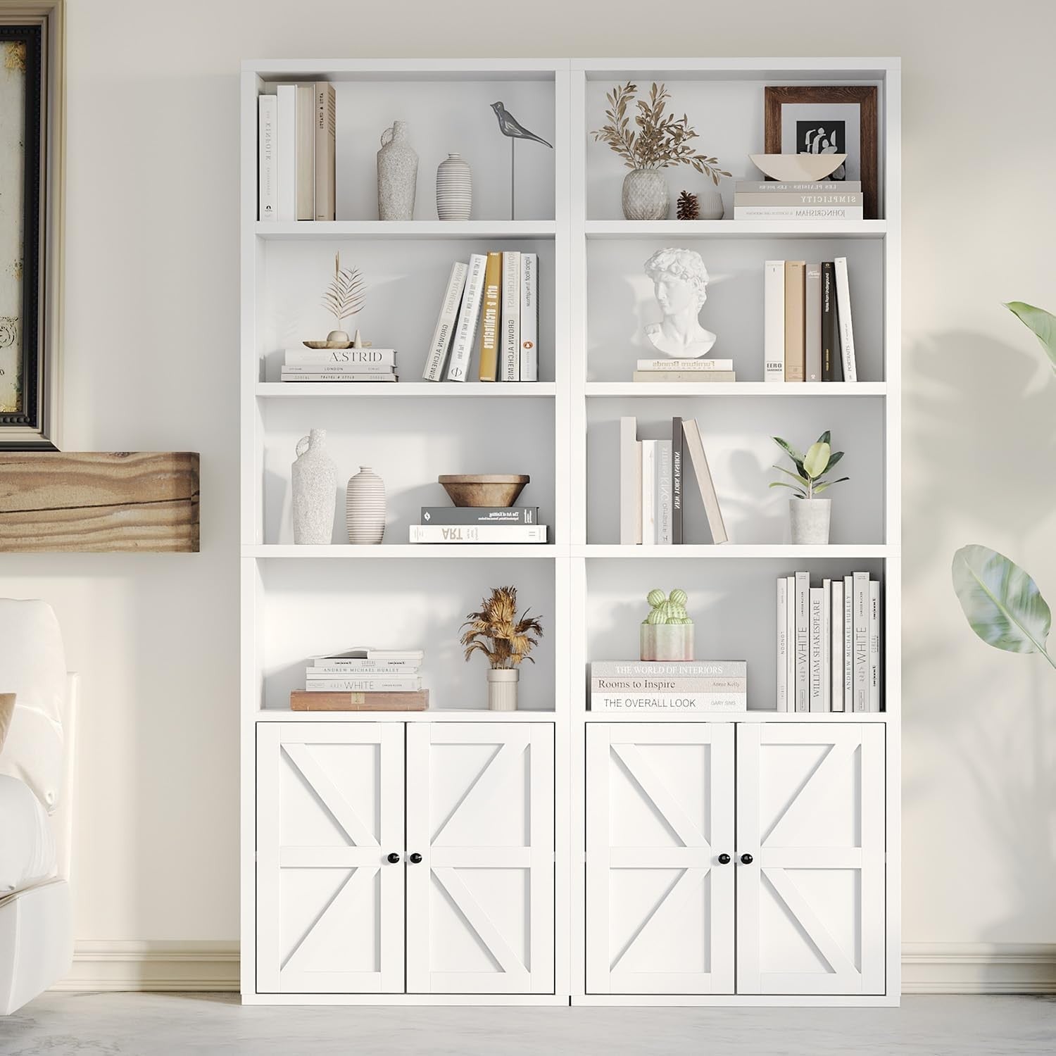 Tall White 6-Tier Bookcase with Cabinet Doors Modern Storage Shelving Unit
