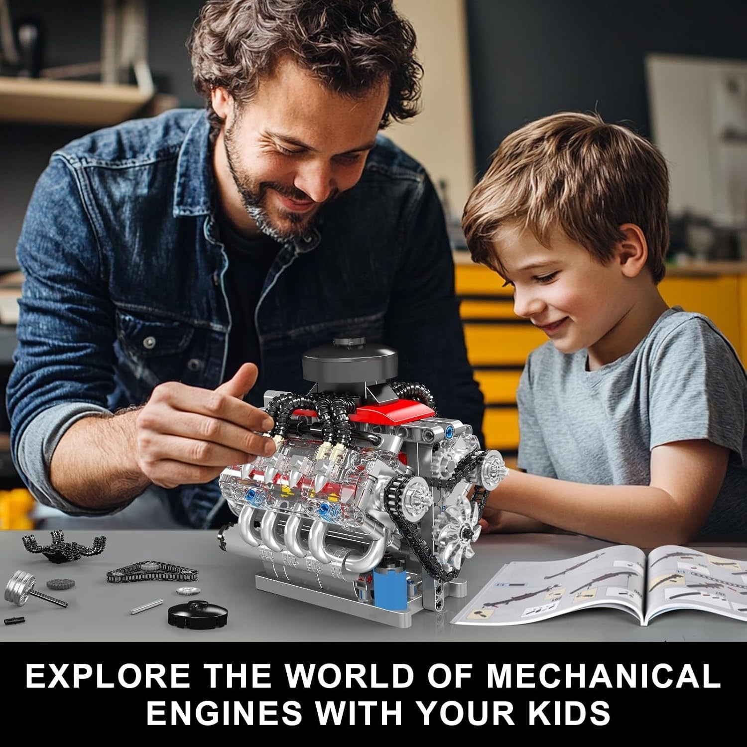Motorised V8 Engine Model Kit 487PCS STEM Build Toy Car Mechanics Set