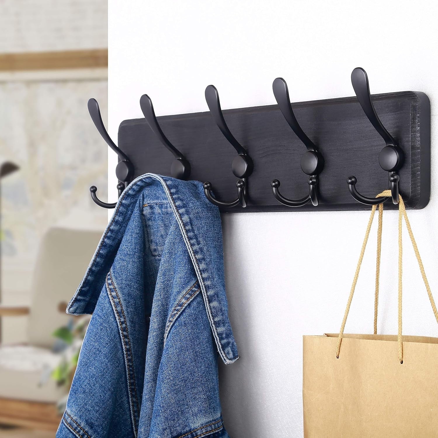 Set of 2 Black Wooden Wall Coat Racks | Heavy Duty 5 Triple Hooks Rustic Organiz