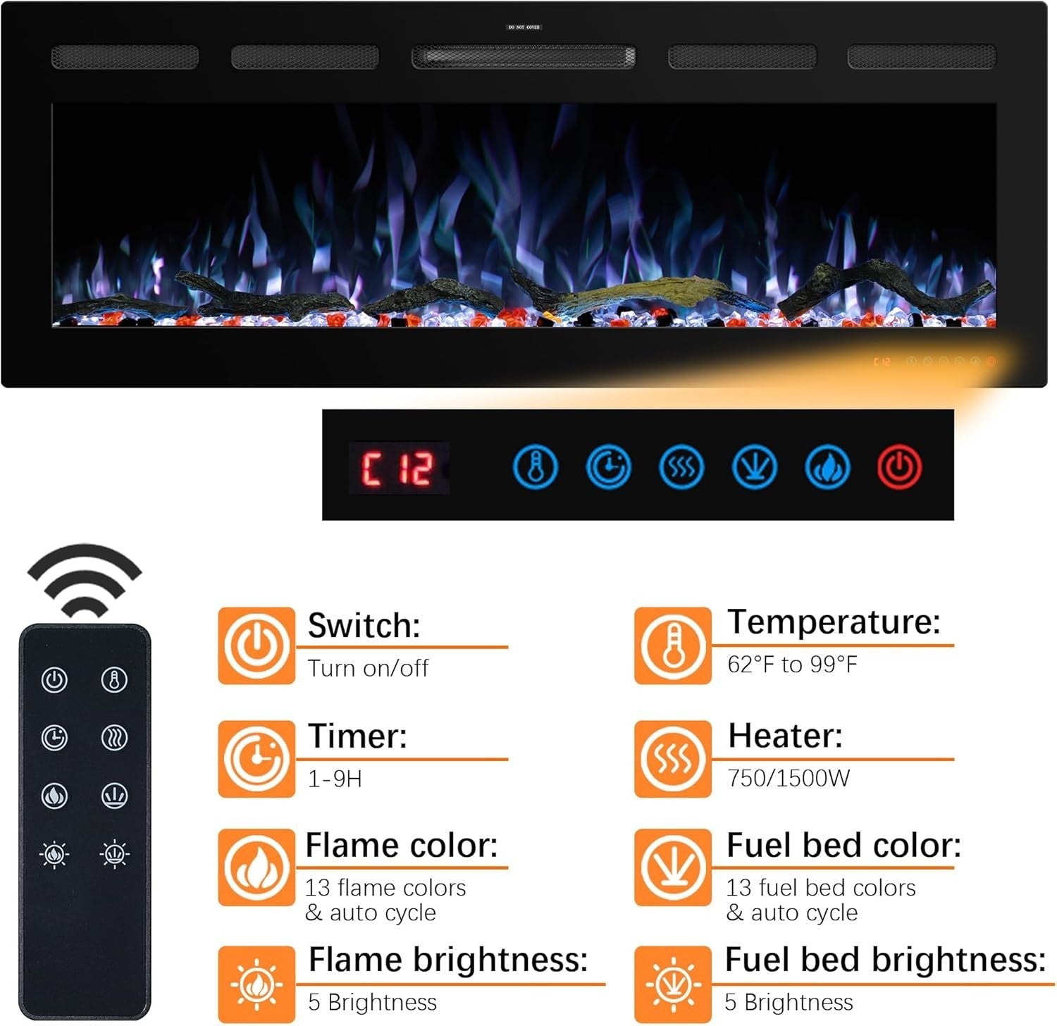 WiFi Electric Fireplace Insert 42" Recessed Wall Mount, Adjustable Flame & Timer