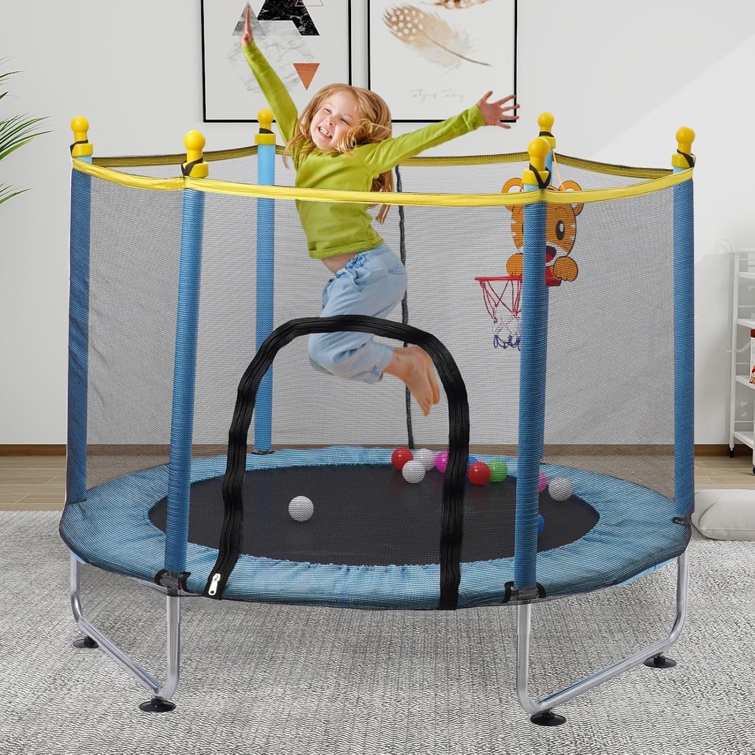 Kids Indoor Outdoor Trampoline with Safety Net & Basketball Hoop 55in