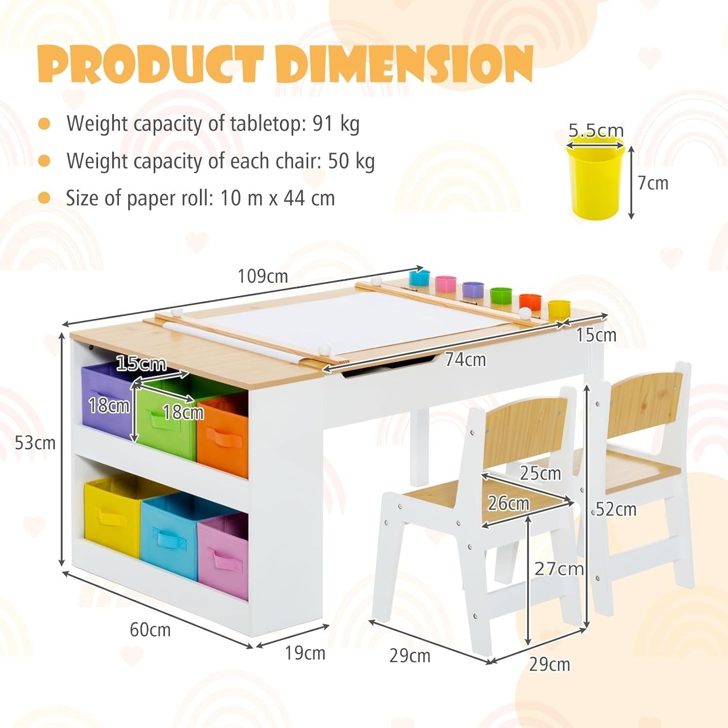Kids Art Table & Chairs Set with Storage, Paper Roll & 6 Paint Cups 109cm