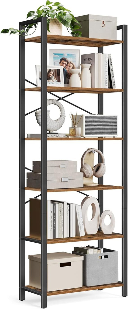 6-Tier Industrial Bookshelf Tall Rustic Brown Metal Wood Storage Unit