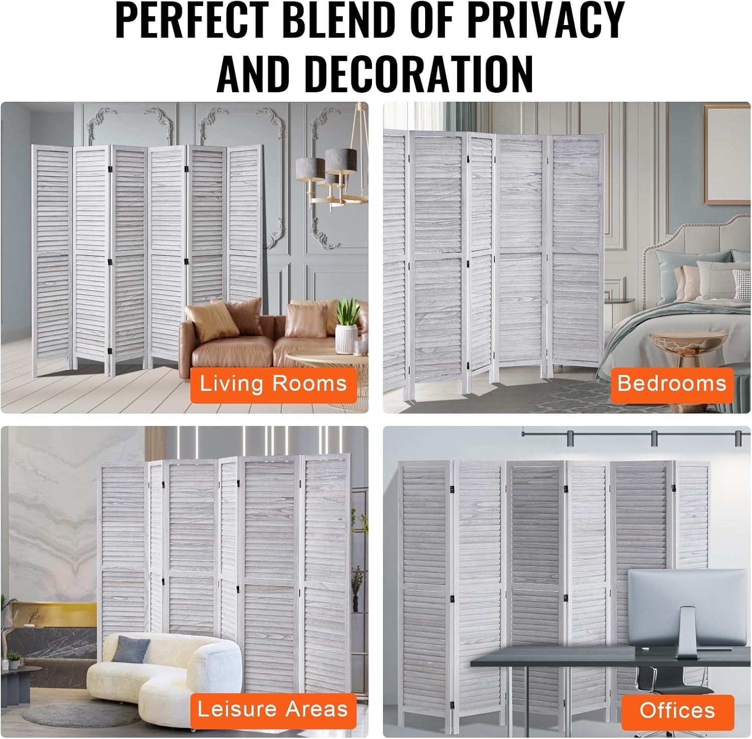 6 Panel Wooden Folding Room Divider Light Grey Privacy Screen 242x170cm