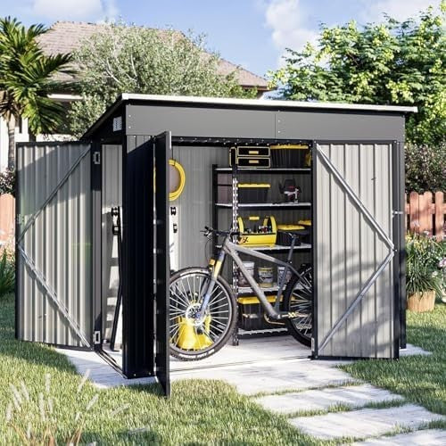 Aoxun 8x4ft Metal Garden Shed Black Pent Roof Outdoor Storage Bike Shed