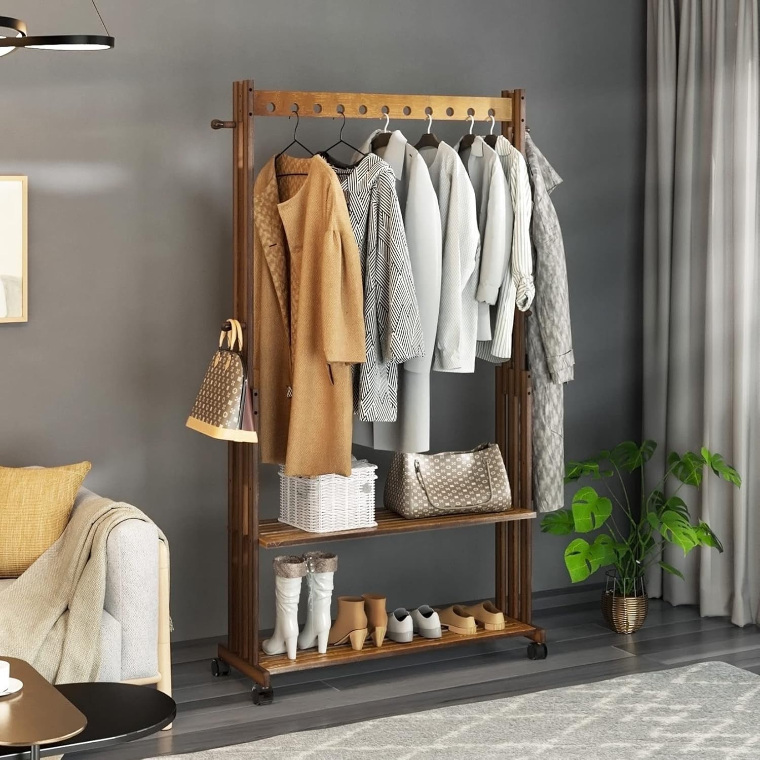 Bamboo Clothes Rack Stand on Wheels – Open Wardrobe with Shelves 90cm