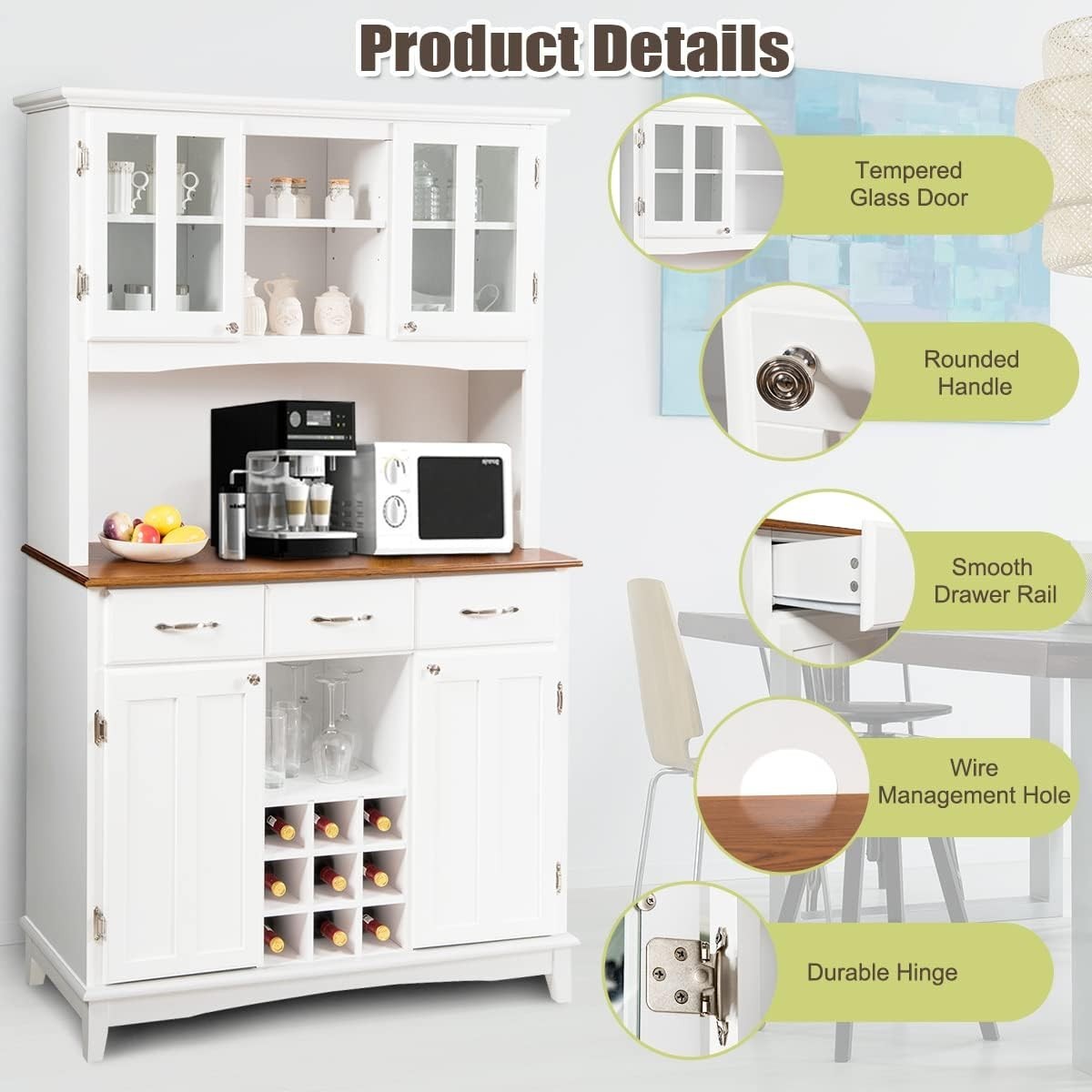 White Kitchen Sideboard 185cm Storage Cabinet Wine Rack Drawers Glass Doors