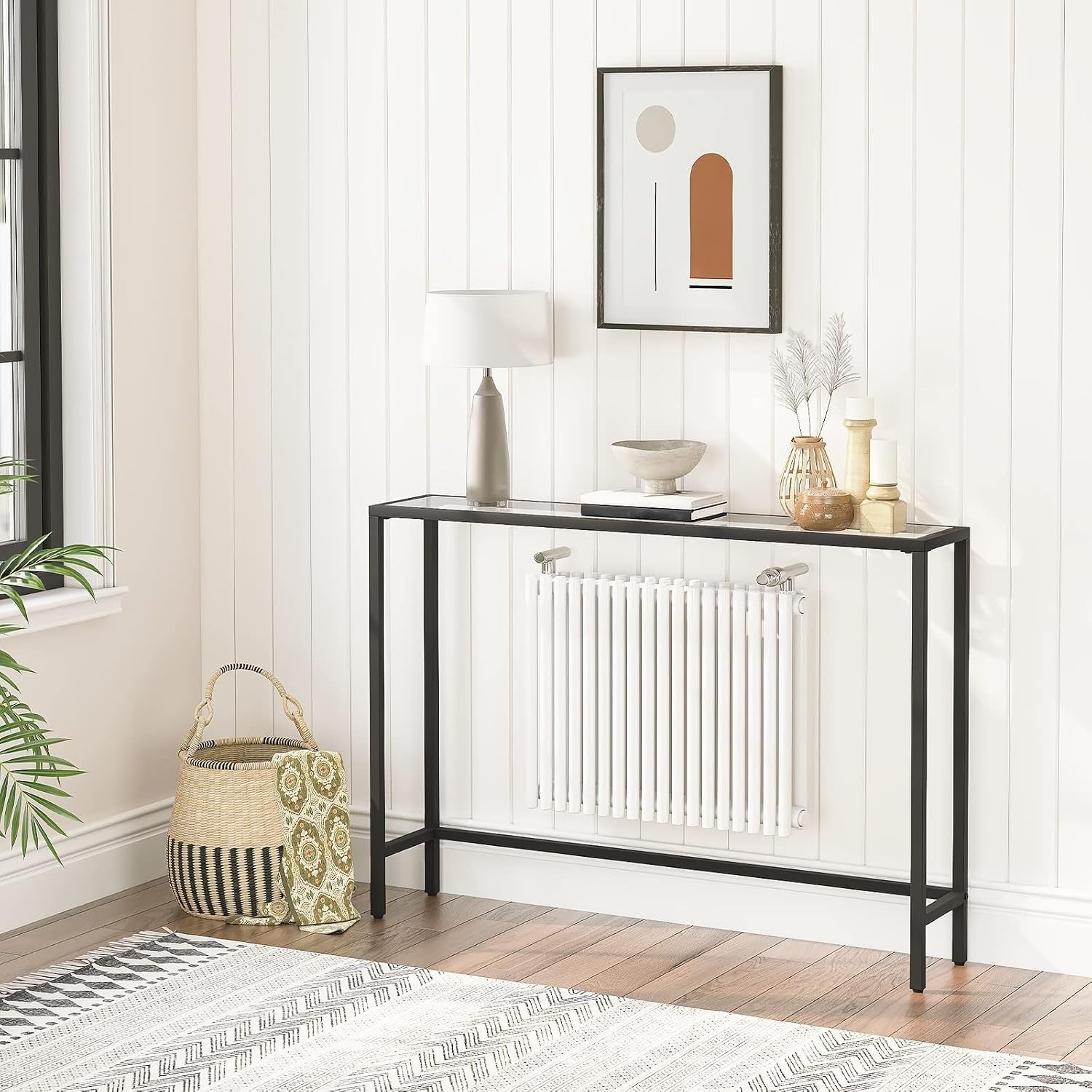 Slim Black Console Table with Tempered Glass, Adjustable Feet, 100x22x80 cm