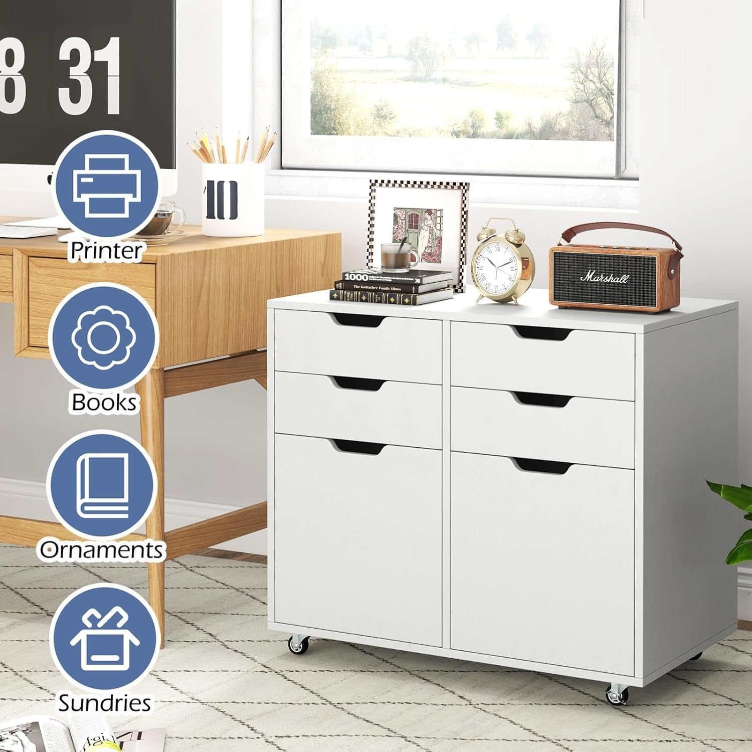White Mobile File Cabinet 4 Drawer 2 Door Rolling Printer Stand