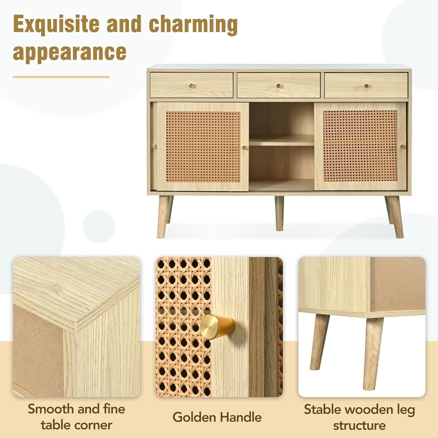 Modern Rattan Sideboard Storage Cabinet 3 Drawer 3 Door Oak Unit Hallway