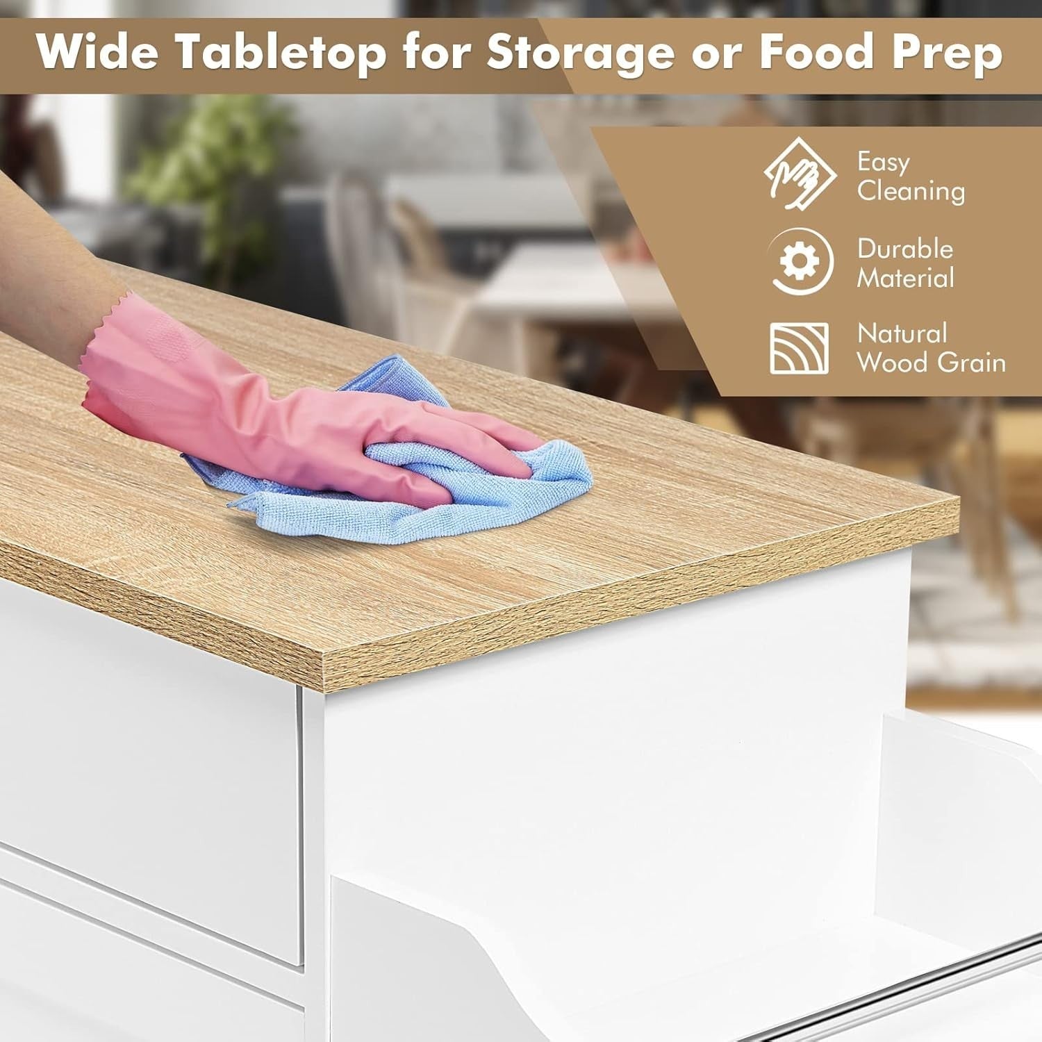 Rolling Kitchen Island Cart with Large Cabinet, Drawer & Wood Top