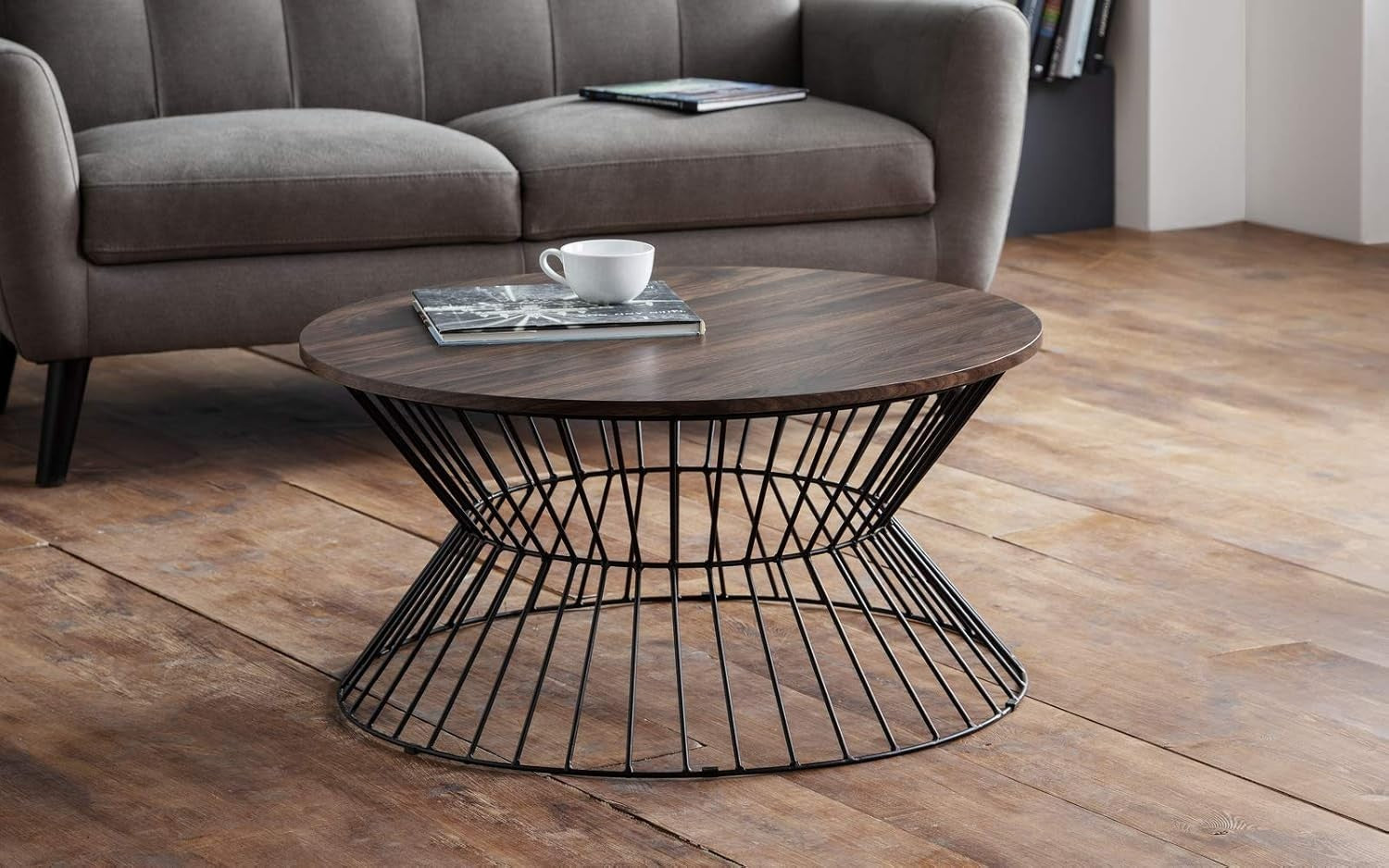 Round Walnut Coffee Table with Black Wire Base – Modern Industrial Style.