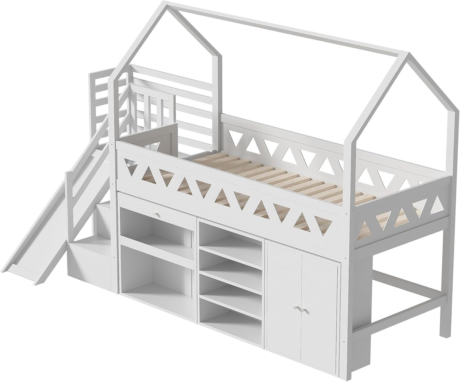 Kids Wooden Bed Frame 3ft Single 90x190cm w/ Slide Stairs Storage Drawers White