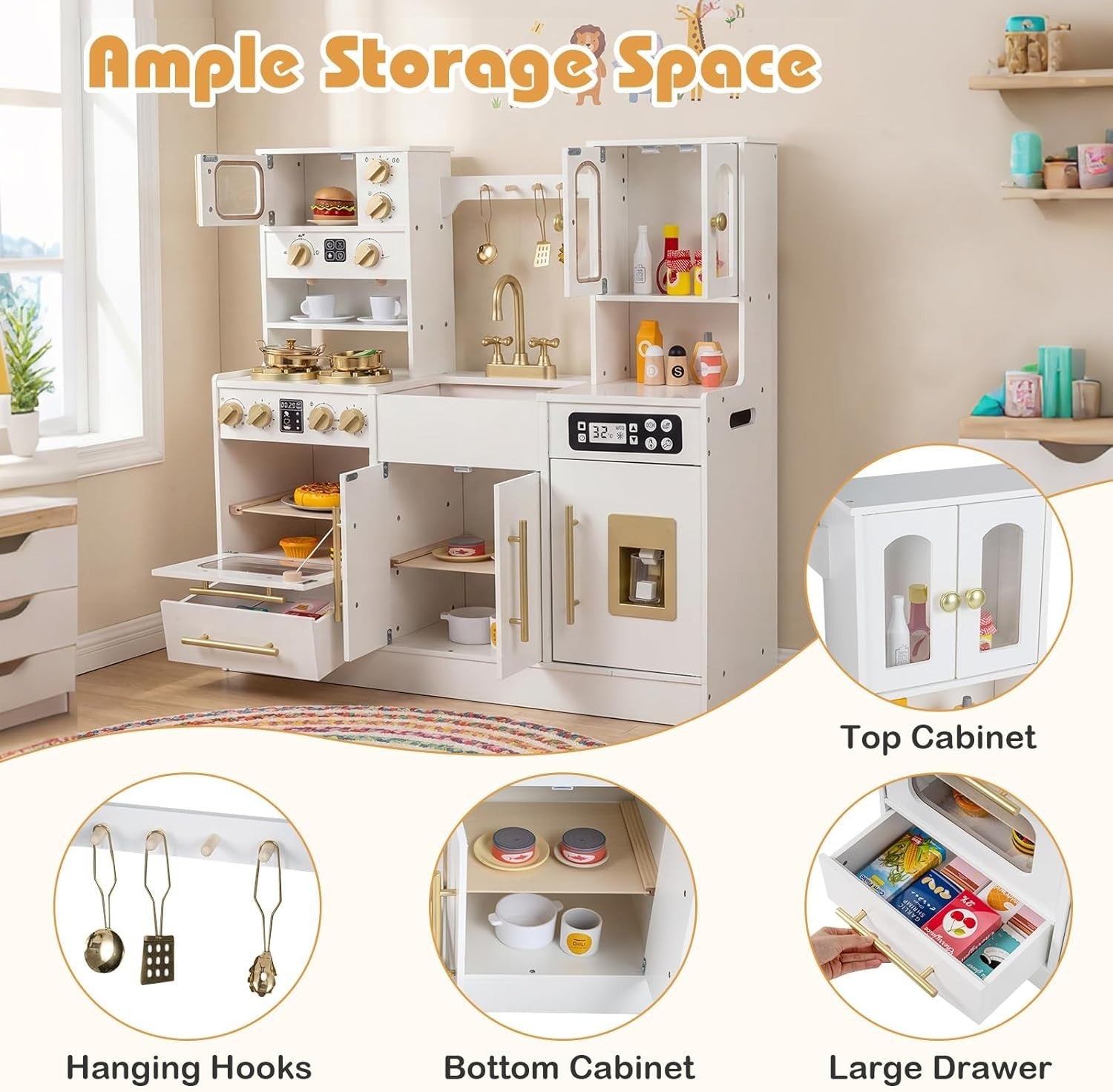 Kids Wooden Play Kitchen Lights Sounds Ice Maker Coffee Station