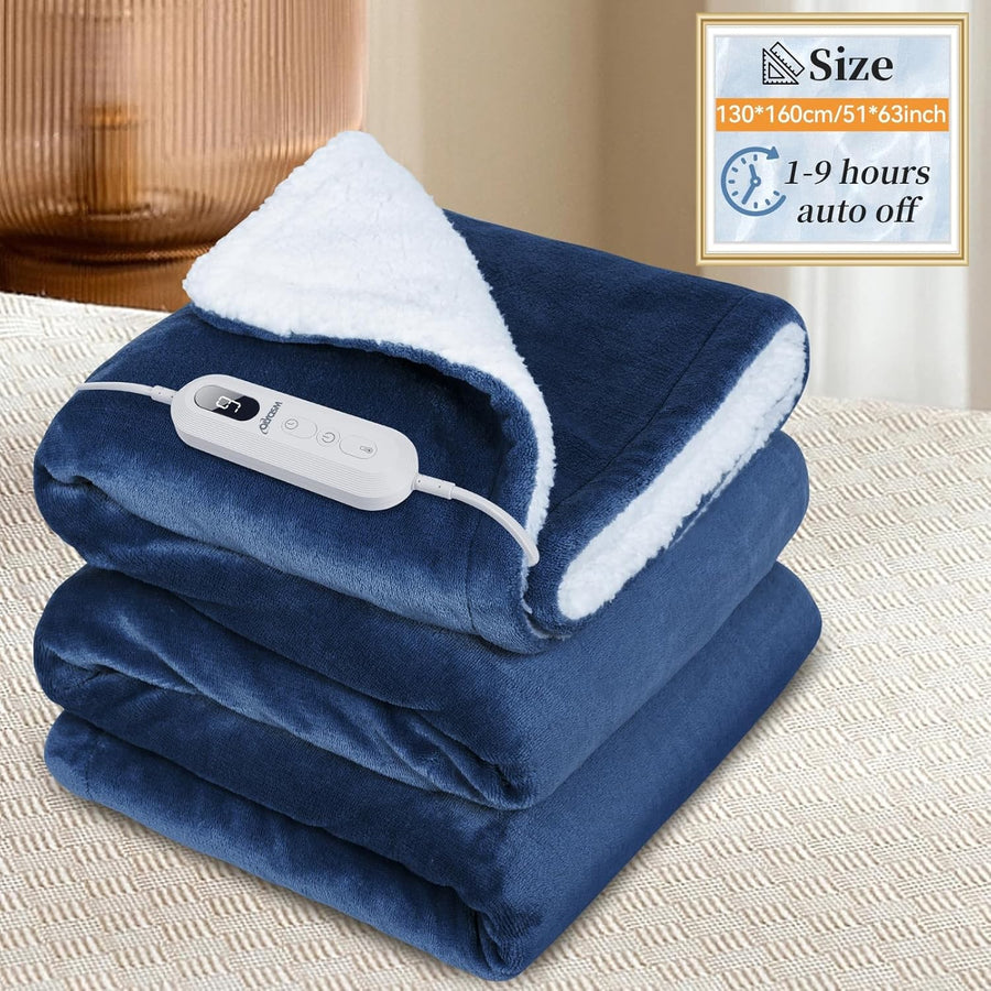 Electric Heated Throw Blanket 160x130cm Blue Auto Shut Off 9 Heat Levels