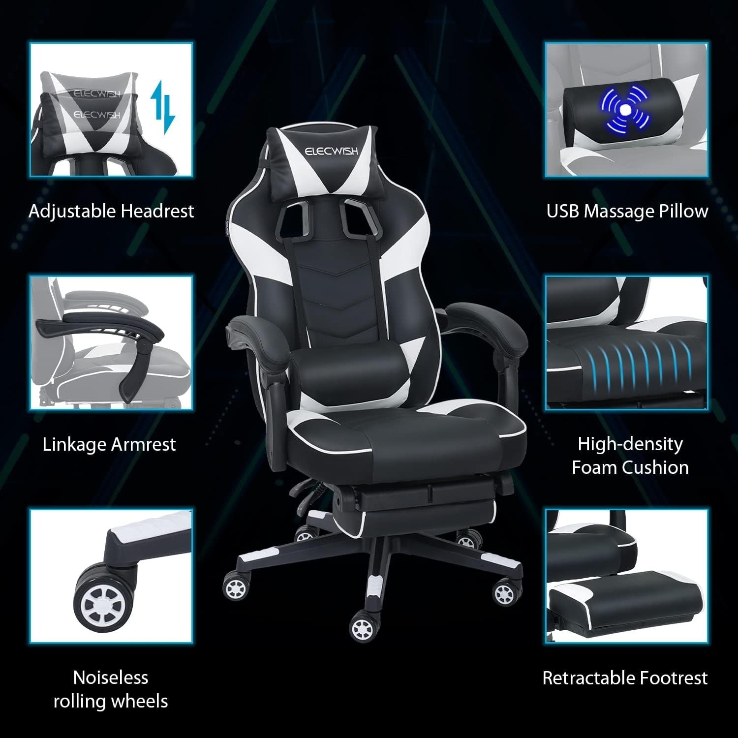 Gaming Chair w/ Footrest Reclining PU Leather White