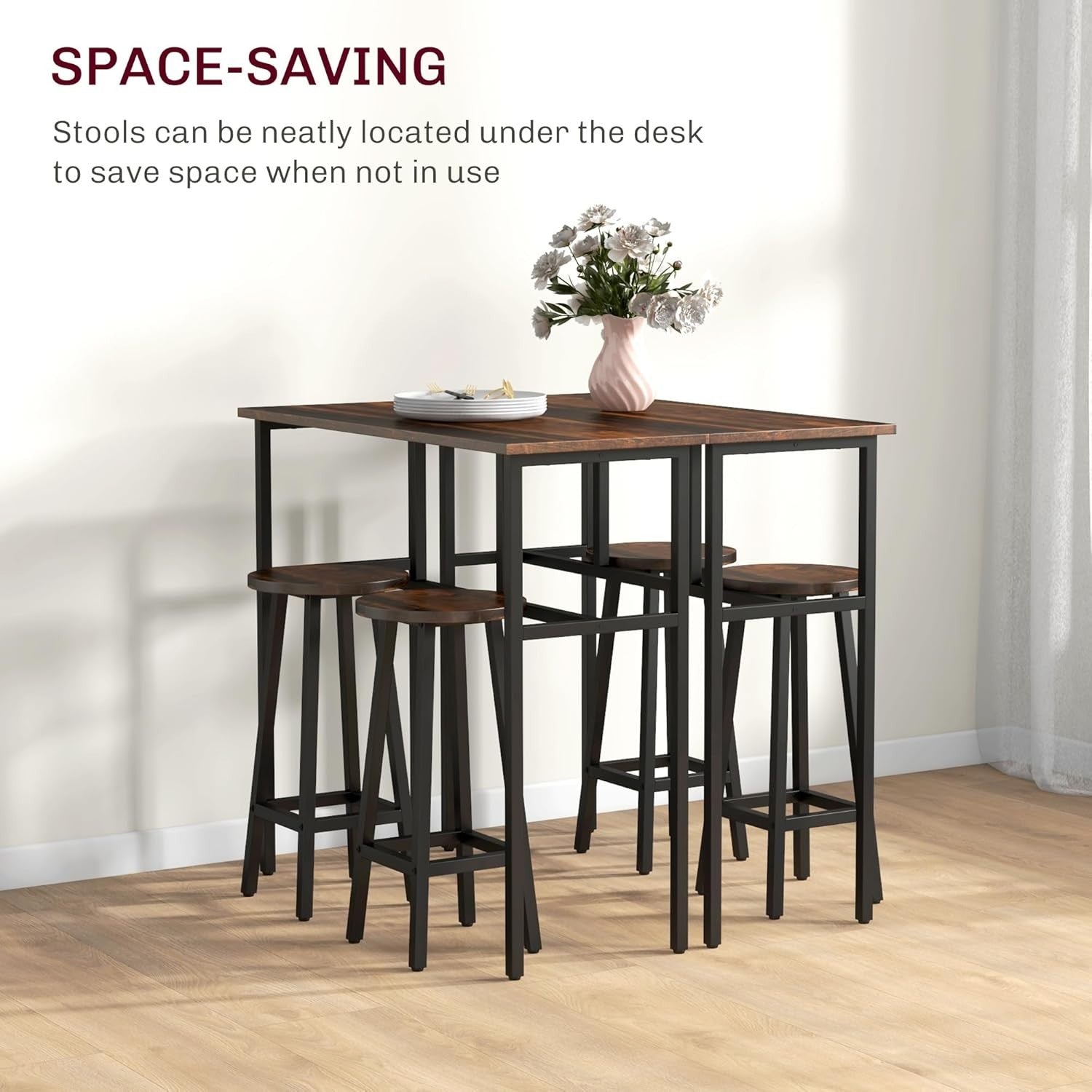 6-Piece Bar Table Set 2 High Tables & 4 Stools, Rustic Brown Space-Saving Dining