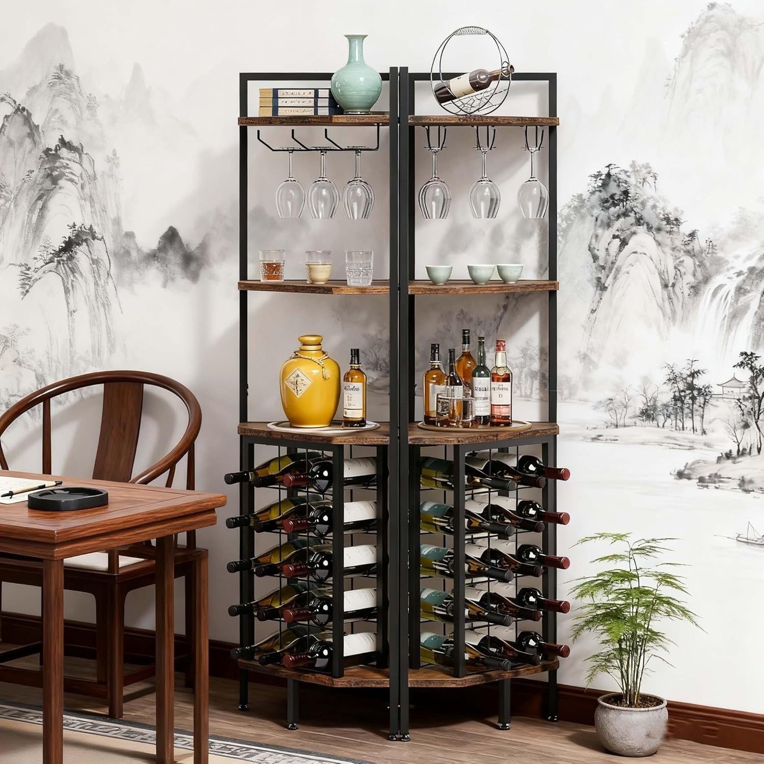 Corner Wine Rack Cabinet with Glass Holder 4-Tier Liquor Storage Shelf Unit