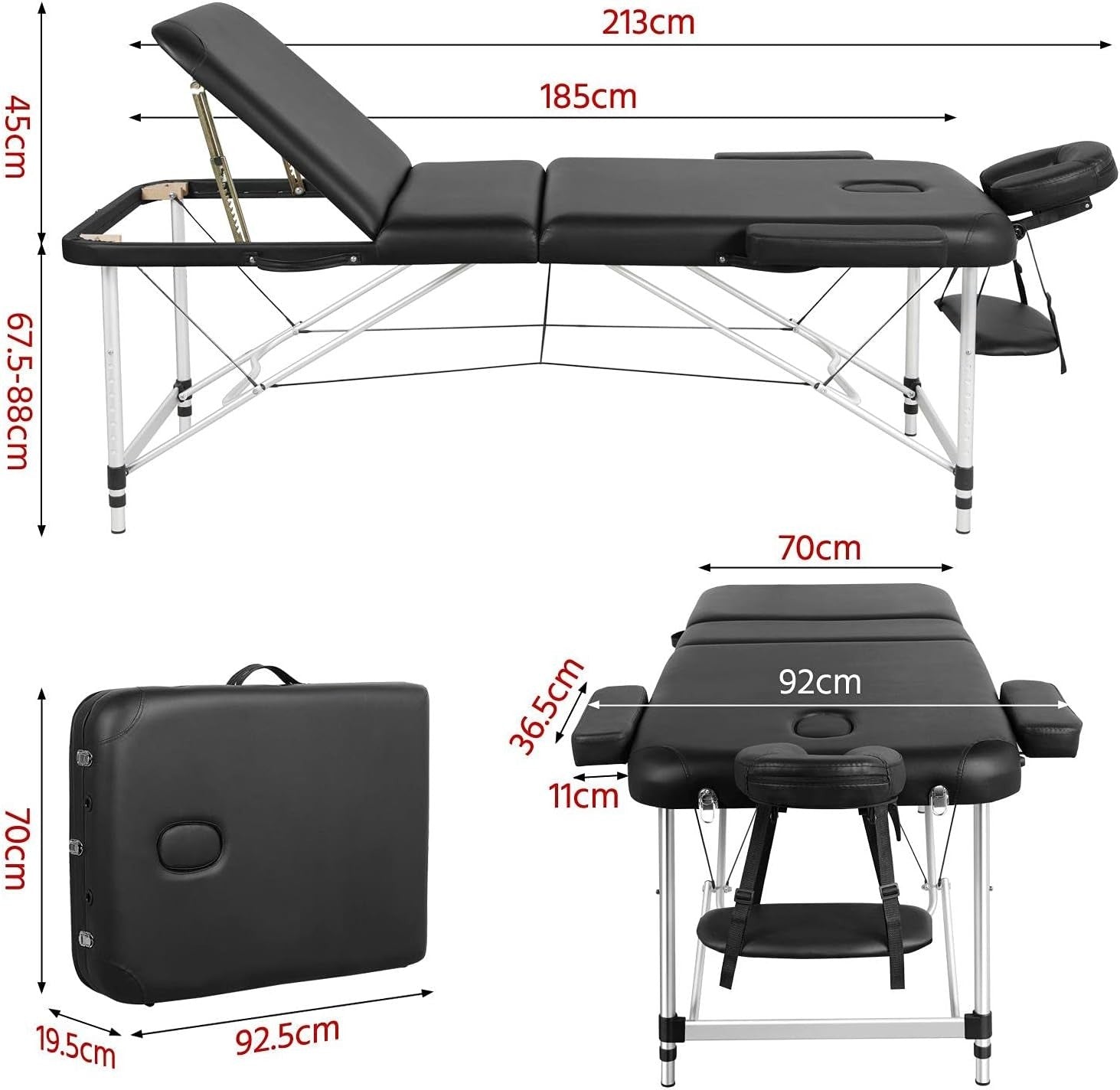 Portable Aluminum Massage Table Adjustable 3-Section Beauty Spa Bed Black 70cm
