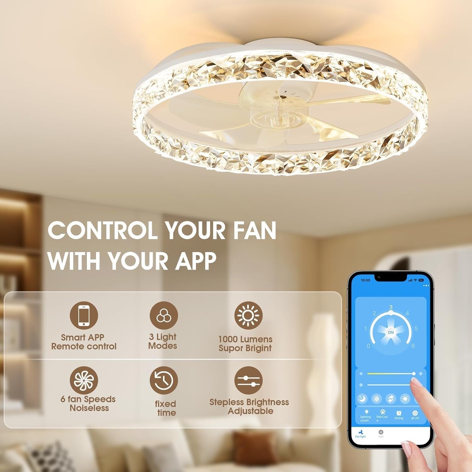 50CM LED Ceiling Fan Light, Remote & App Control, 6 Speed, Dimmable, Quiet Motor