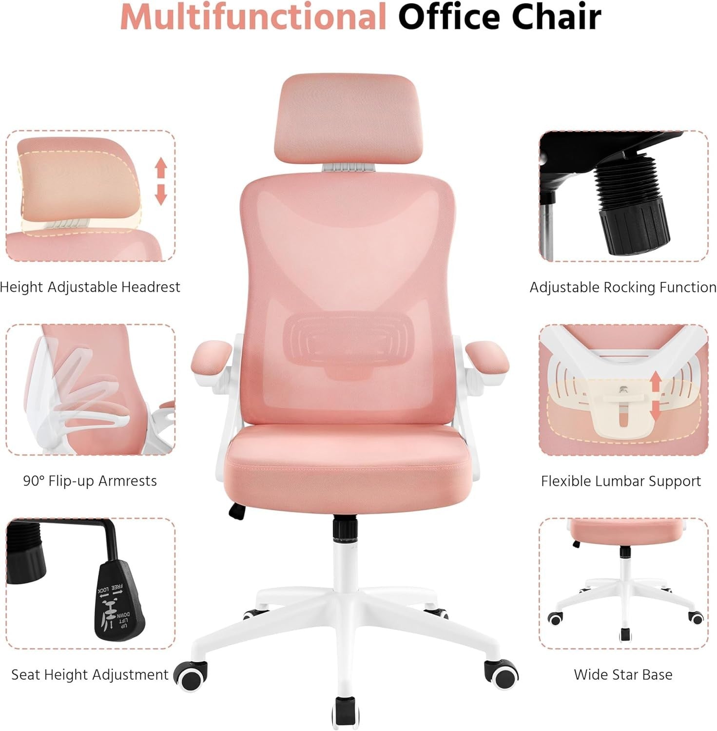 Ergonomic Mesh Office Gaming Chair Adjustable Lumbar Headrest White/Pink