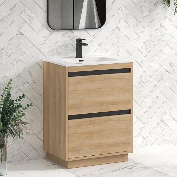 600mm Oak Floor Standing Vanity Unit with Basin Sink 2 Drawer Bathroom Cabinet