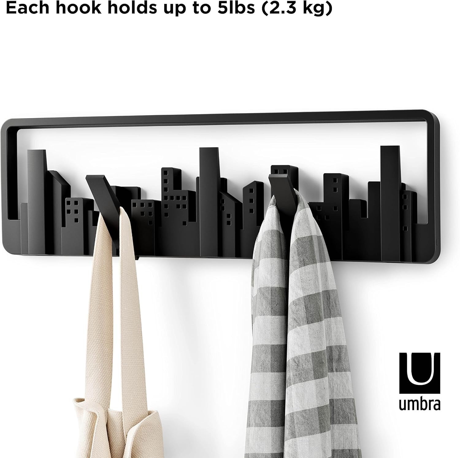 Modern Wall Mounted Coat Rack Black 5 Retractable Hooks