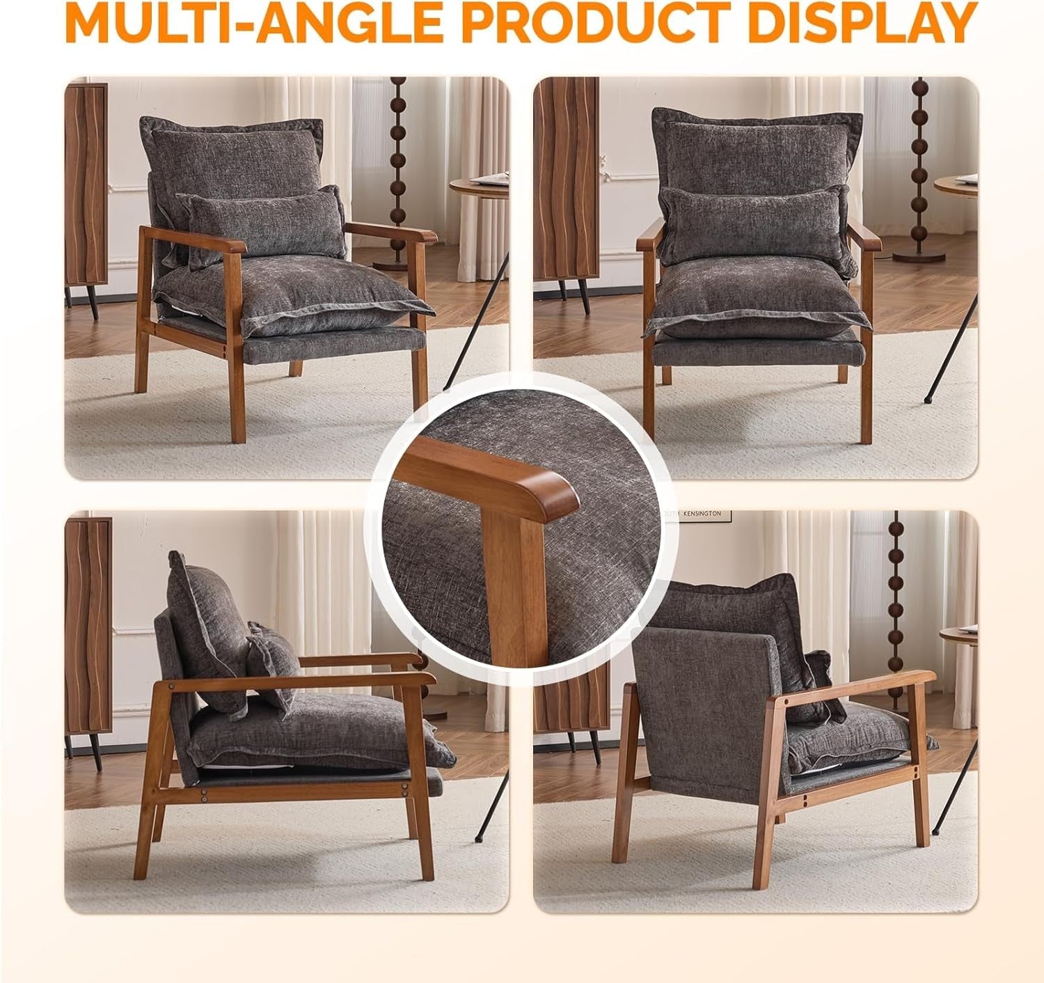 Mid-Century Modern Wooden Armchair with Cushioned Seat & Lumbar Pillow Grey