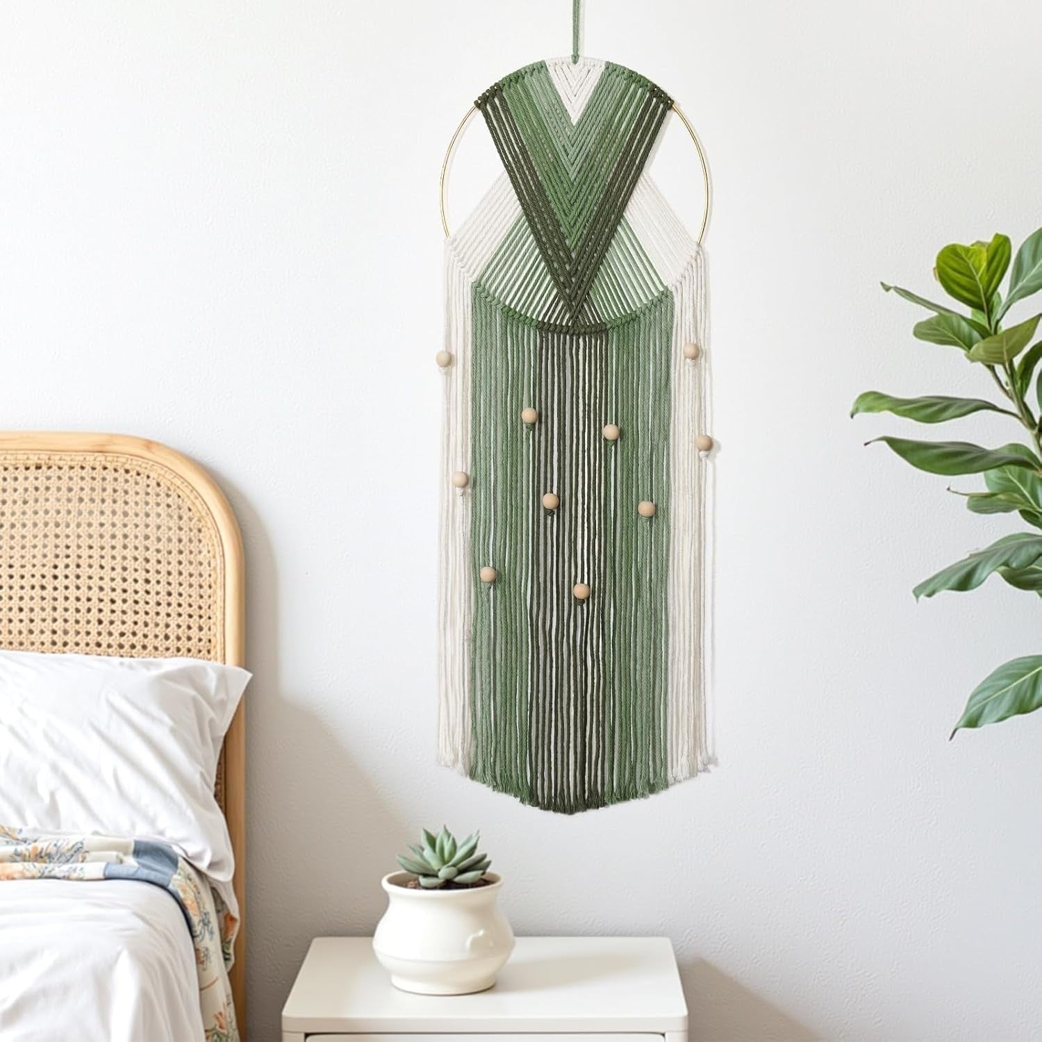 Beige Green Macrame Wall Hanging 25x71cm Boho Tassel Tapestry Decor