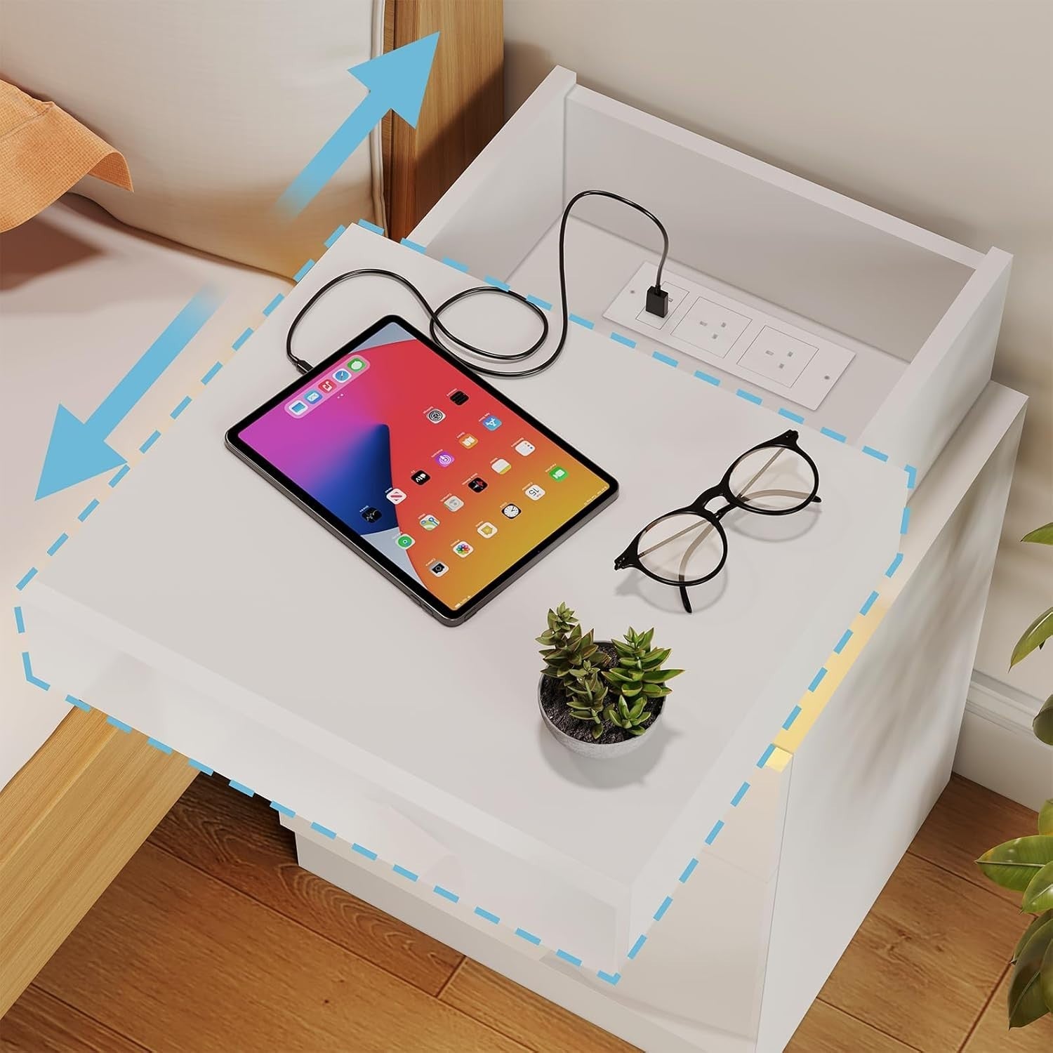 Modern Gloss White Bedside Cabinet with LED Lights, USB Charging Ports