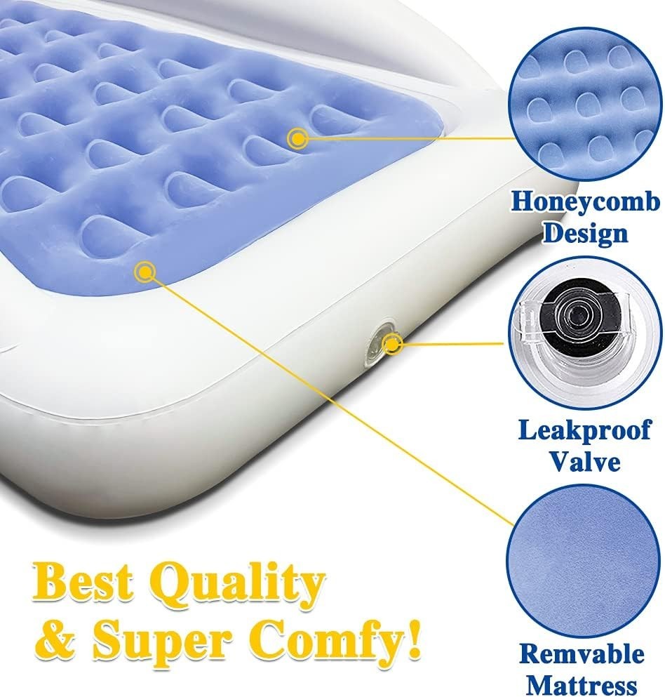 Inflatable Kids Travel Bed with Rails & Electric Pump | Toddler Mattress