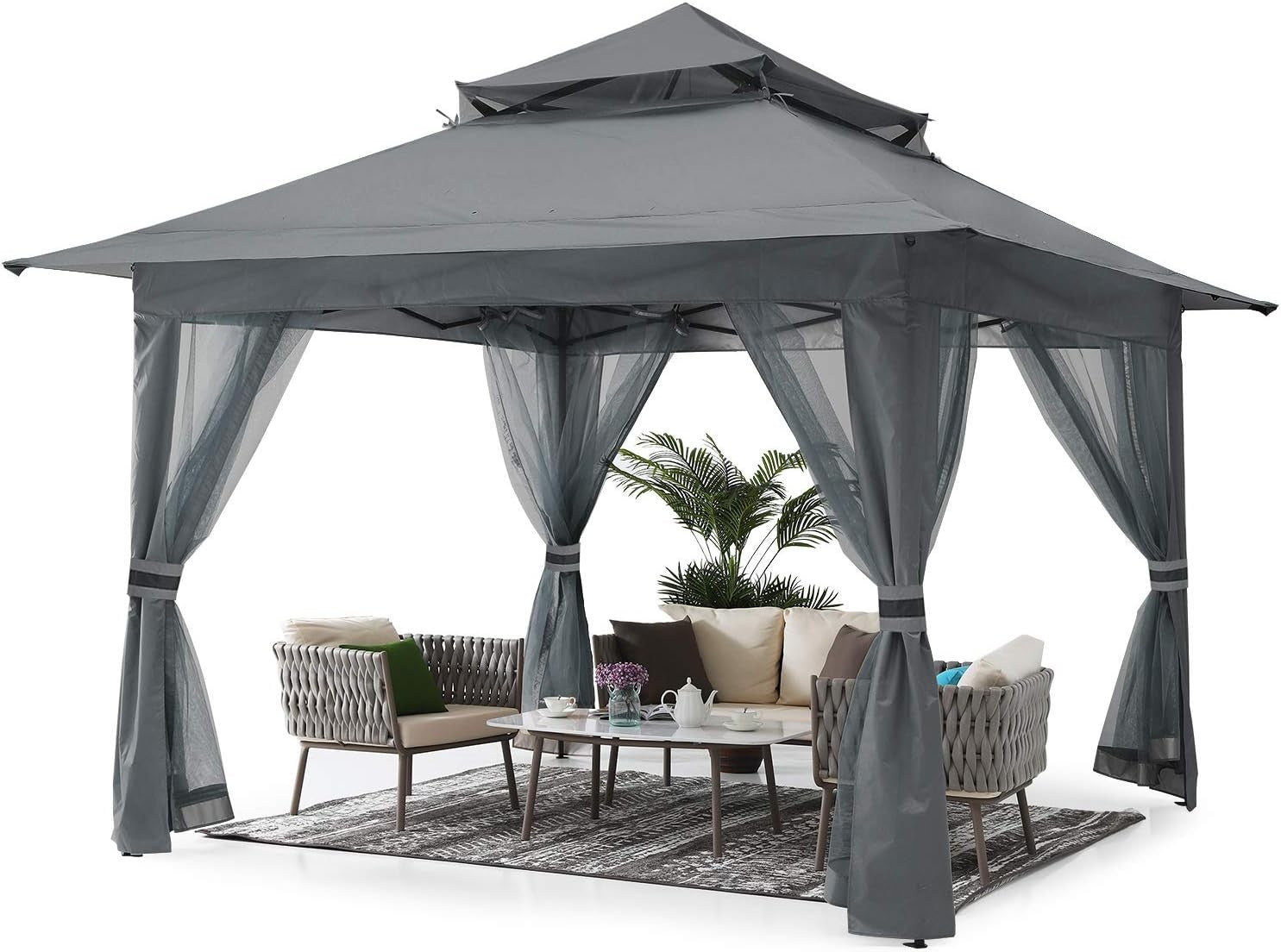 3.6x3.6M Gray Pop Up Gazebo With Mesh Walls Outdoor Canopy Tent