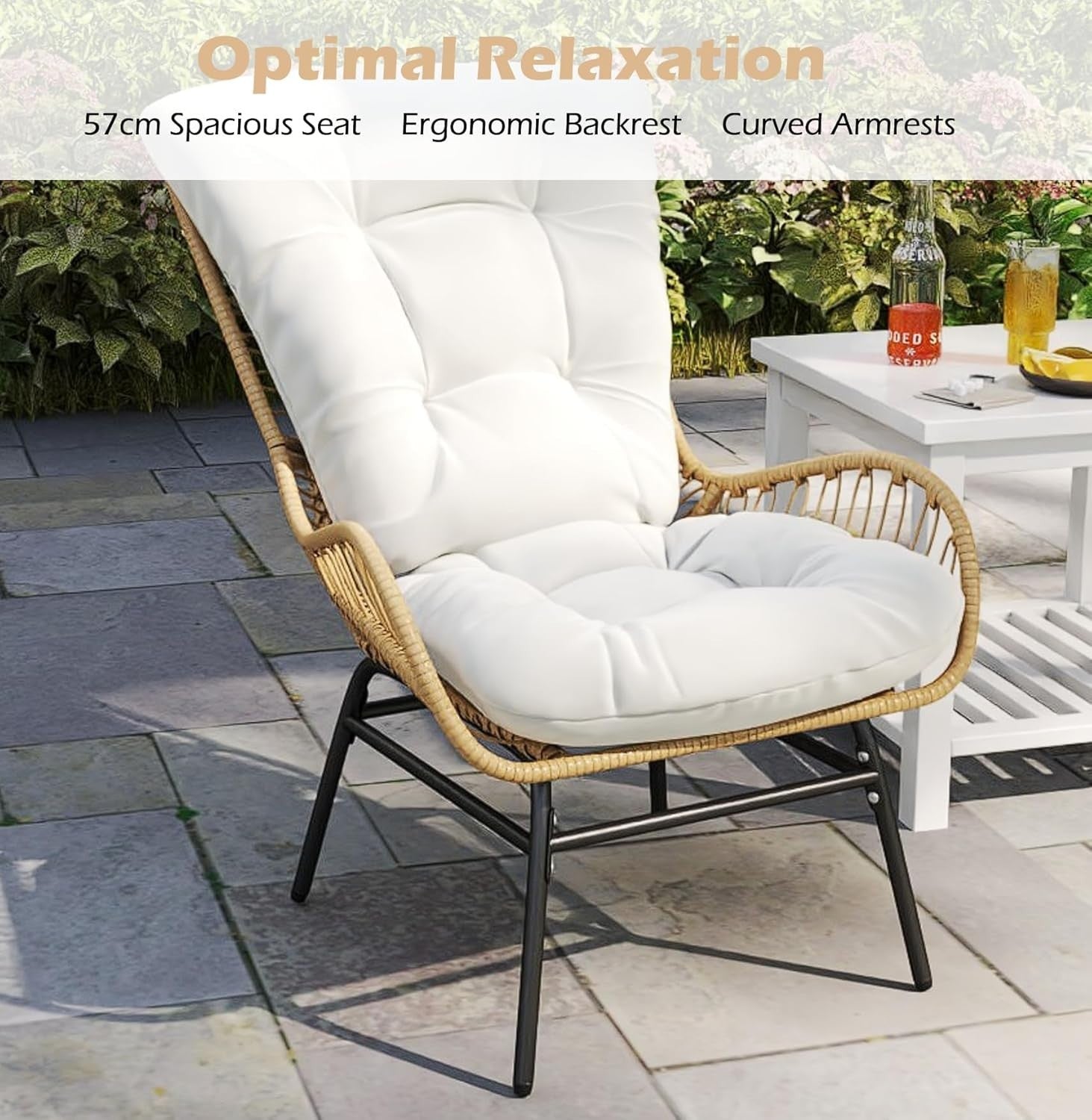 High Back Rattan Patio Armchair Cushioned Outdoor Garden Lounge Chair