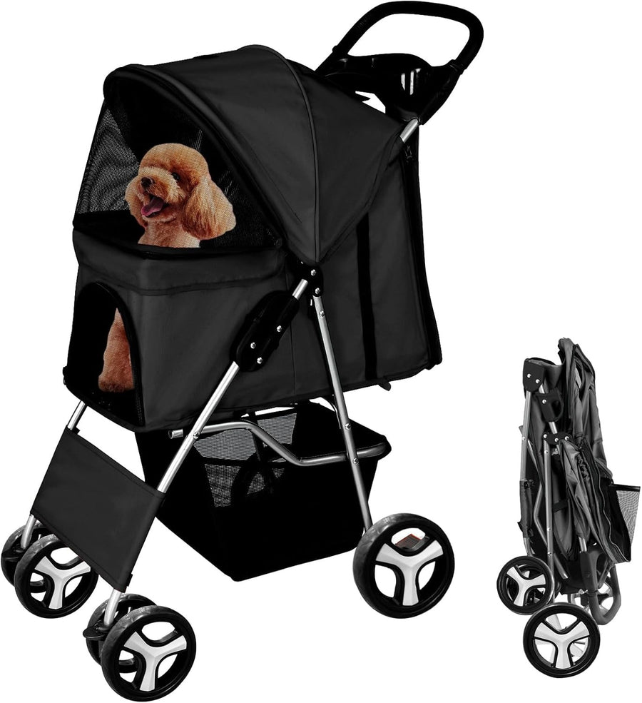 Pet Travel Stroller Dog Cat Pushchair 4 Wheel Folding Pram Jogger Black