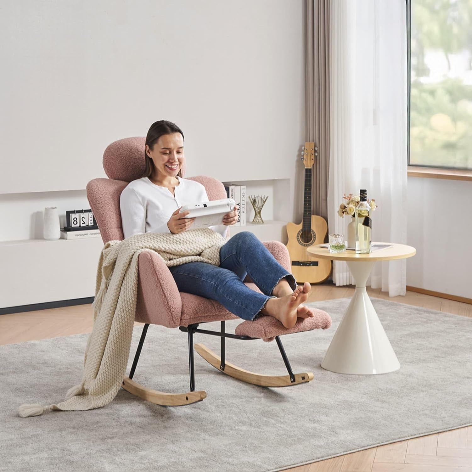 Pink Rocking Recliner Chair w/ Footrest & Headrest – Soft Teddy Armchair 125cm