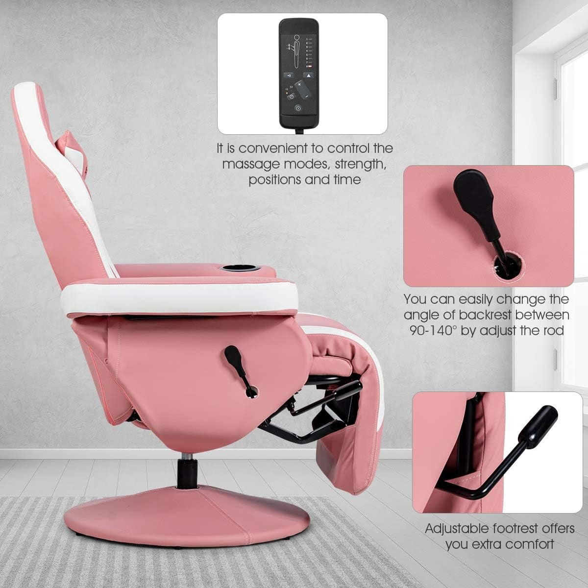 Massage Gaming Chair Recliner w/ Footrest Cup Holder Pink PU