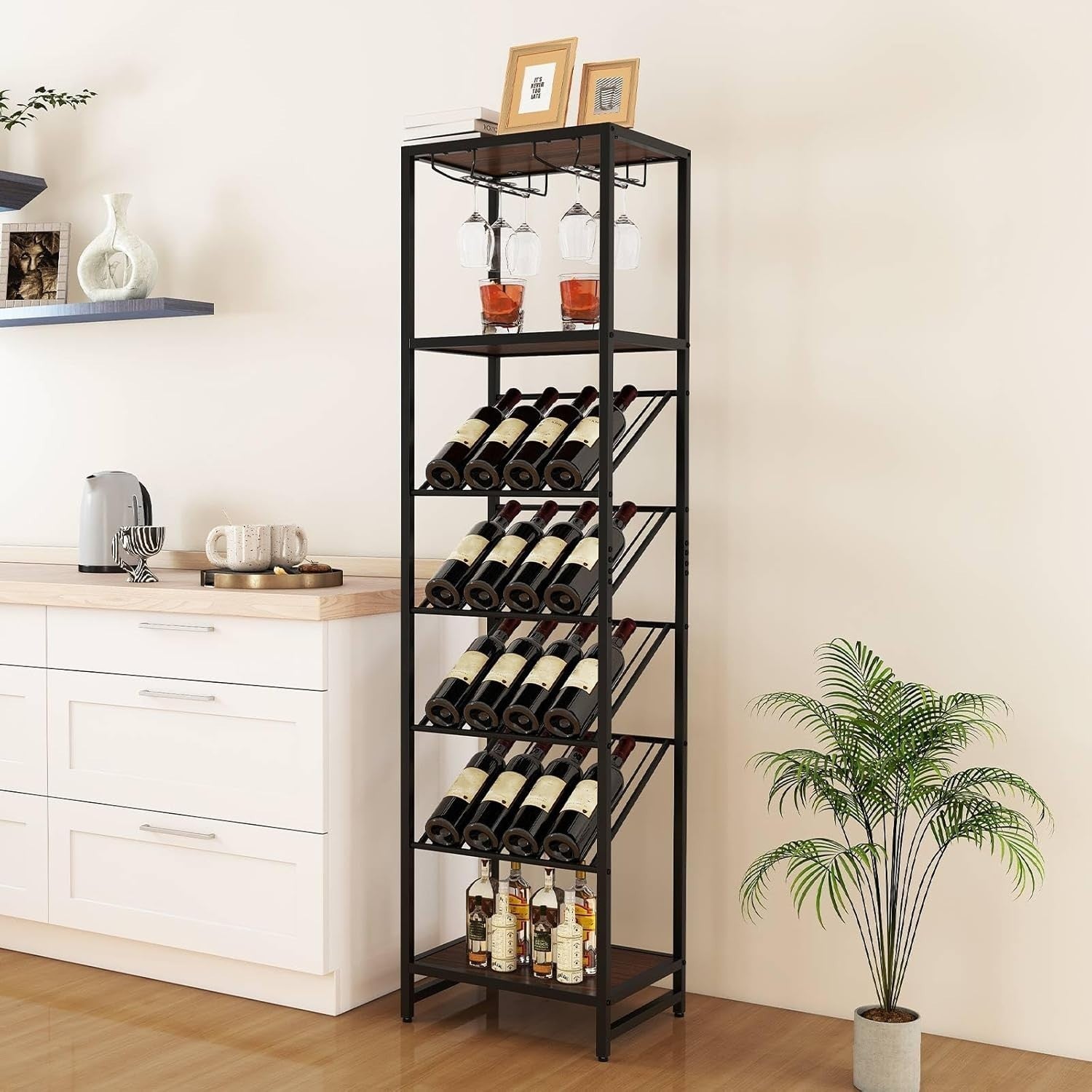 7-Tier Freestanding Wine Rack with Glass Holder, 16 Bottle Storage Shelf Unit